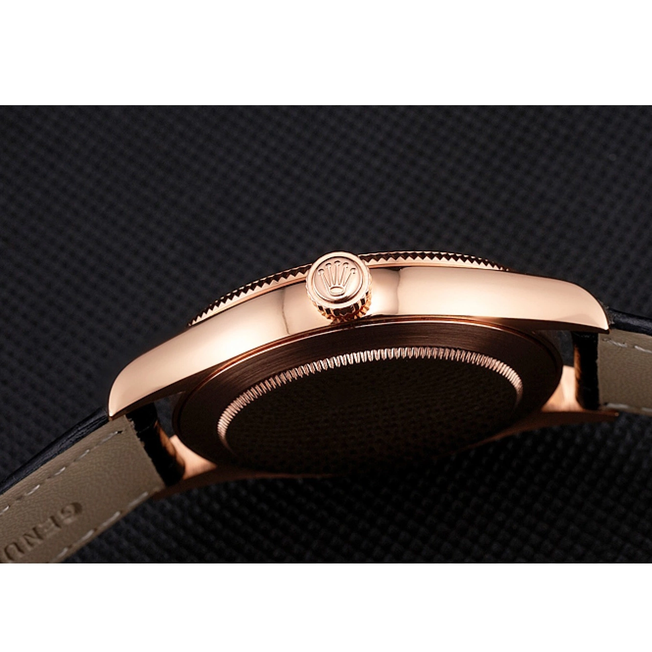 Good copy rolex watches Gold Leather Black Datejust Black Dial Swiss Rose Strap Rolex Case 0822